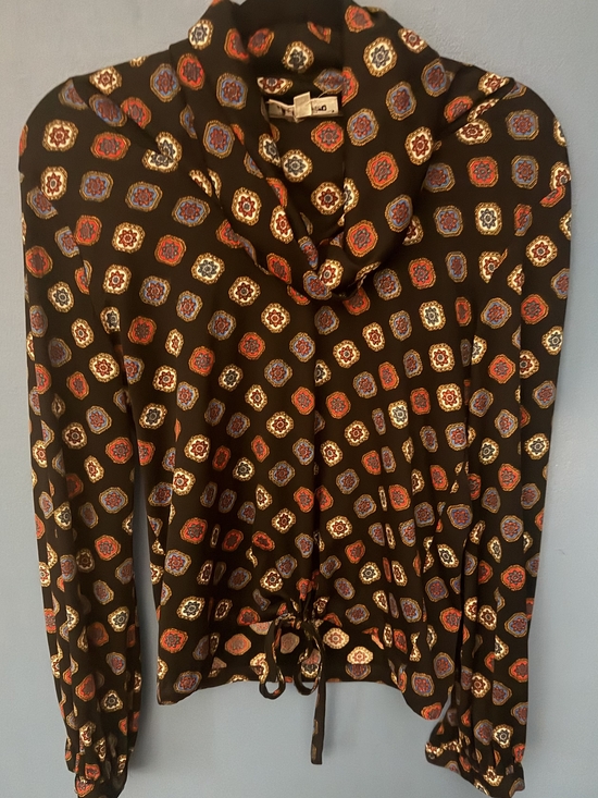 Tops - 1960's Vintage Rare Womens Black Printed Long-Sleeve Blouse with Tie Waist